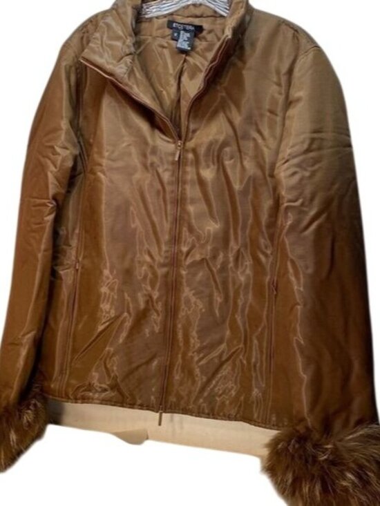 Etcetera Womens Brown Jacket W/Faux Fur Cuffs Size 12 Viscose Blend Zip Closure - Picture 1 of 9